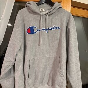 Champion Light Gray Men's Hoodie with Blue Logo